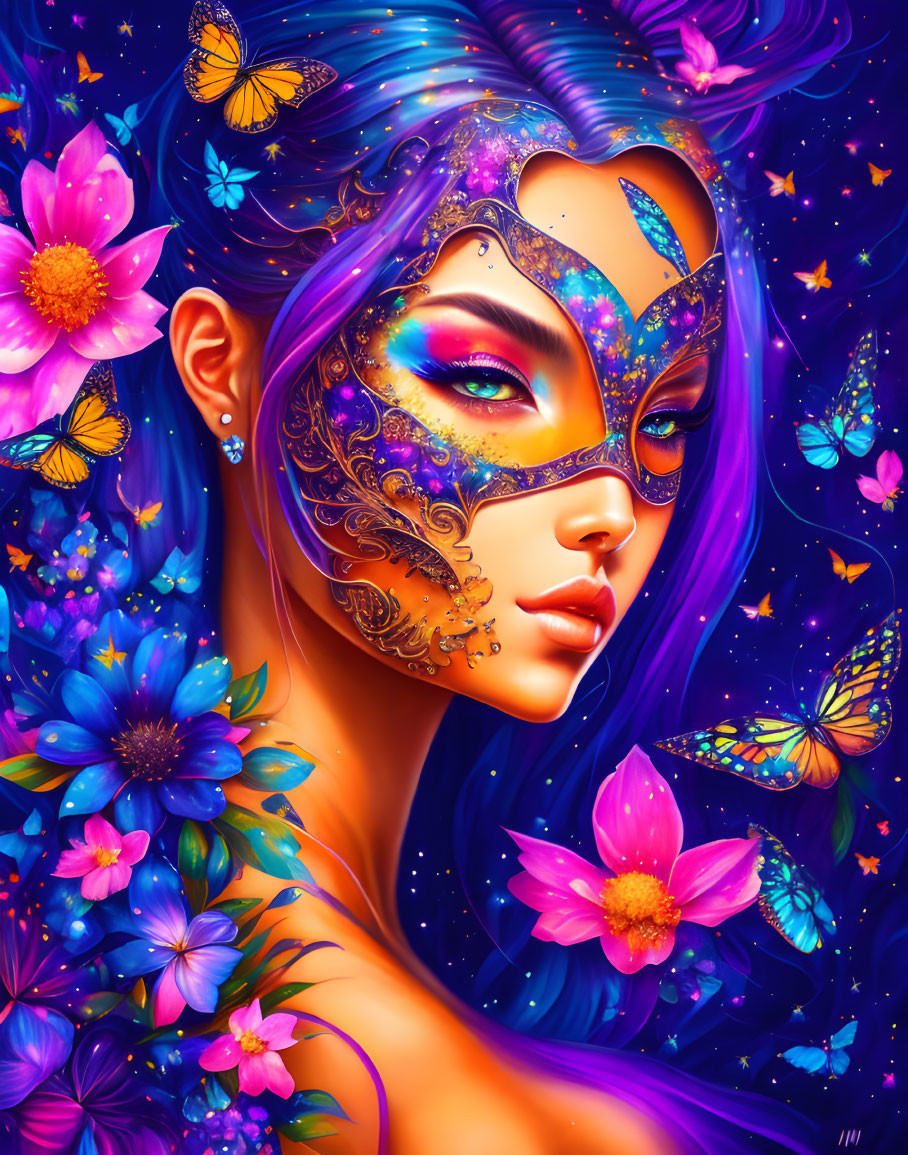 Colorful digital artwork: Woman with mask, flowers, butterflies on blue background