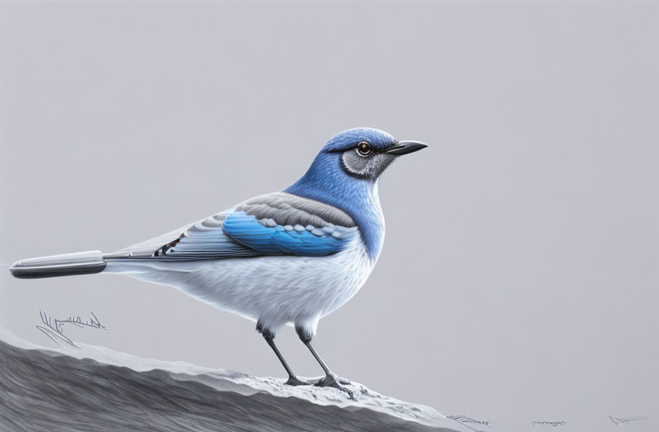 Detailed realistic illustration of blue and white bird perched on rock