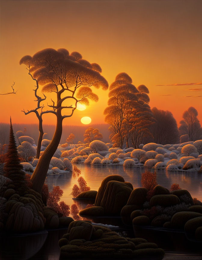 Tranquil sunset landscape with stylized trees, calm river, and warm glow