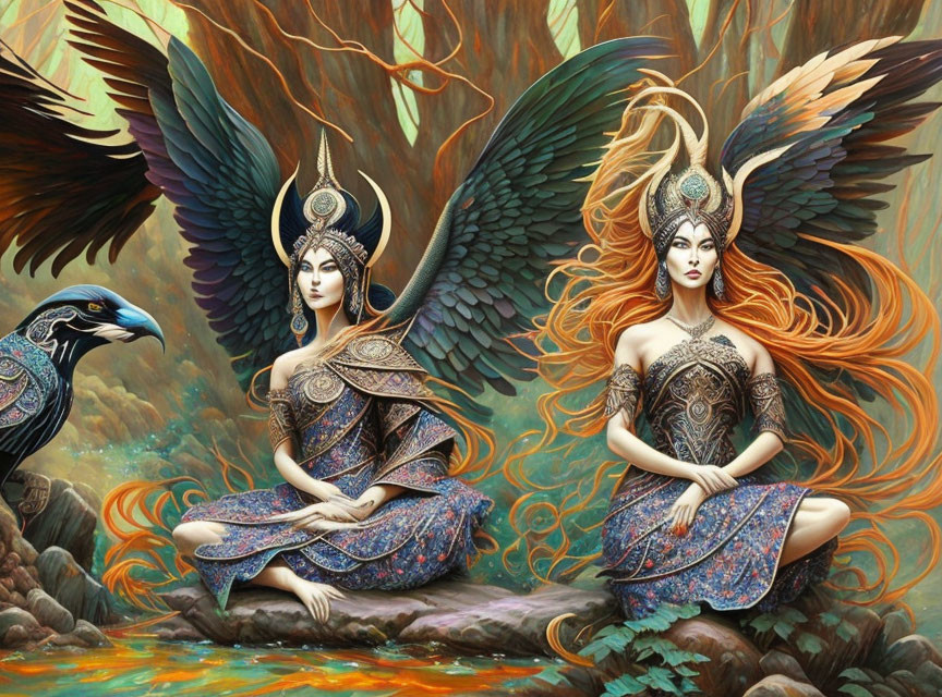 Fantasy women with feathered wings and headdresses in mystical forest with majestic birds