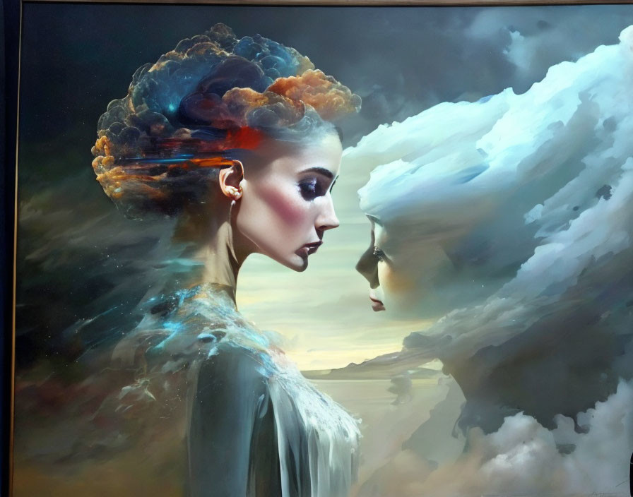 Surreal artwork of woman with cloud-like hair against sky and earth tones