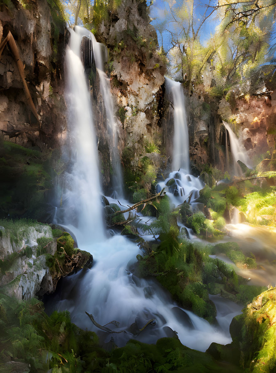 Tranquil waterfall in lush ravine with vibrant green foliage