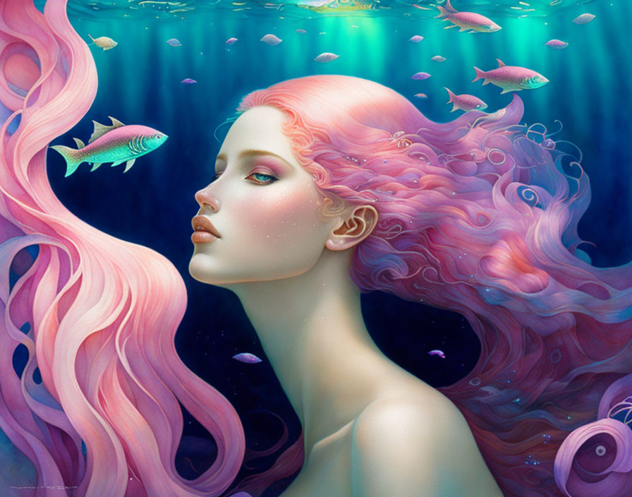 Woman with Pink Hair Underwater Surrounded by Fish