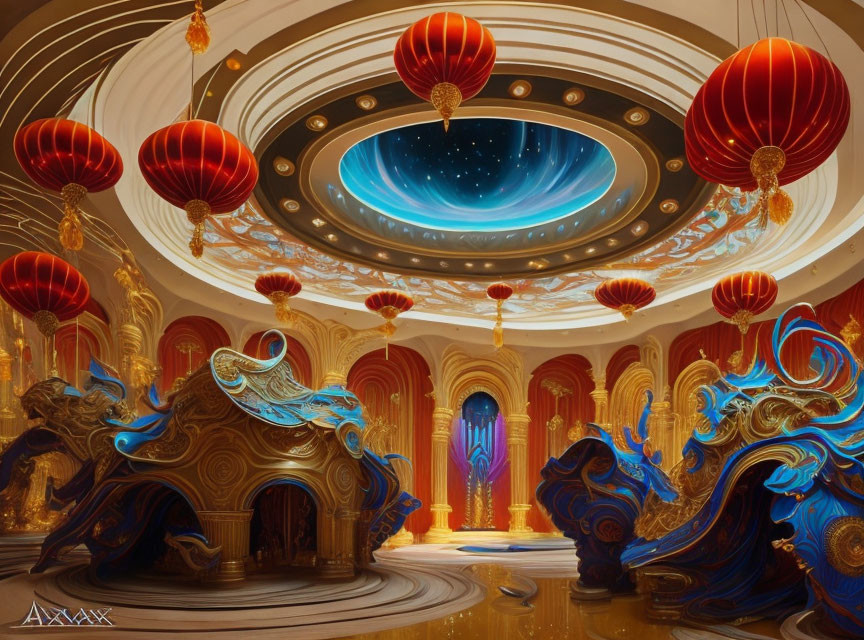 Luxurious room with blue and gold decor, red lanterns, and starry night sky dome.