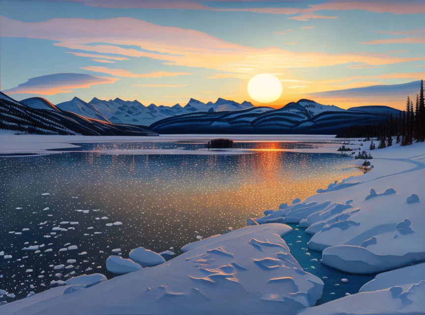 Snowy Landscape: Sunset Reflection on Frozen Lake & Mountains