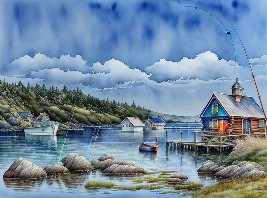 Tranquil coastal landscape with blue house on pier, boats, forest, stones, and cloudy sky