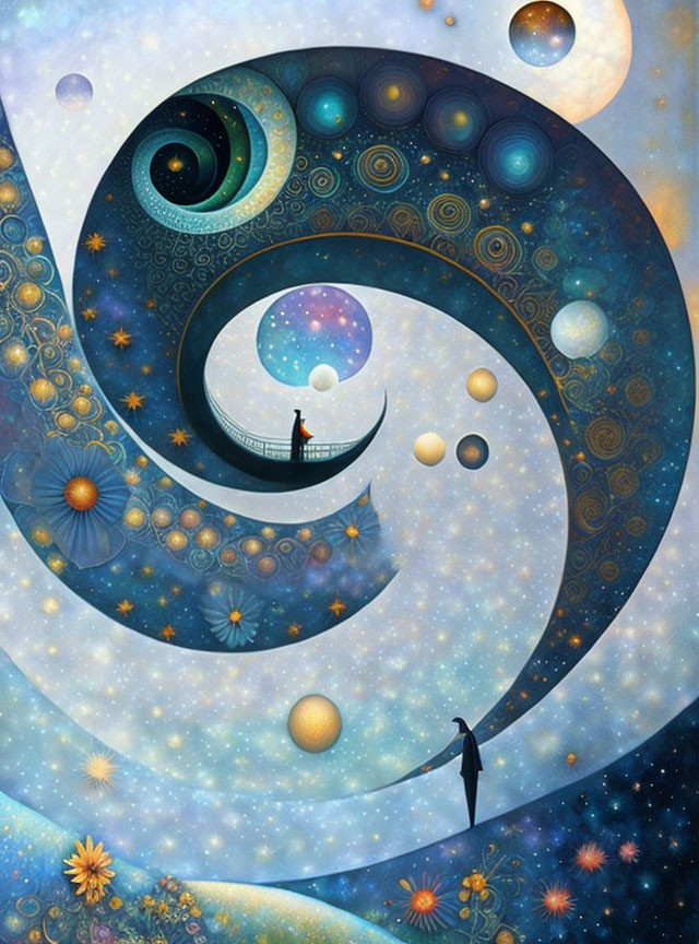 Whimsical cosmic painting with person on crescent moon