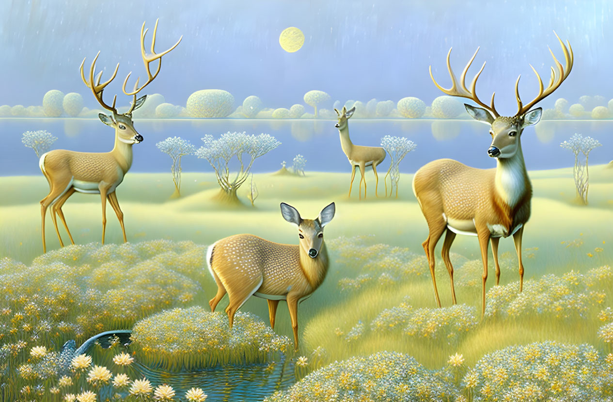 Tranquil landscape with deer in white flower fields under yellow sky