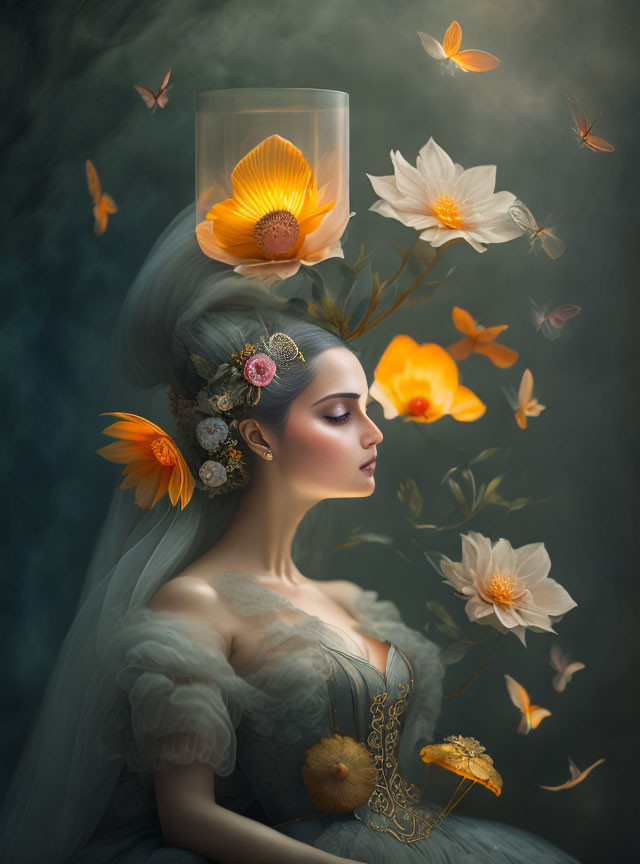 Woman adorned with flowers and butterflies in mystical setting