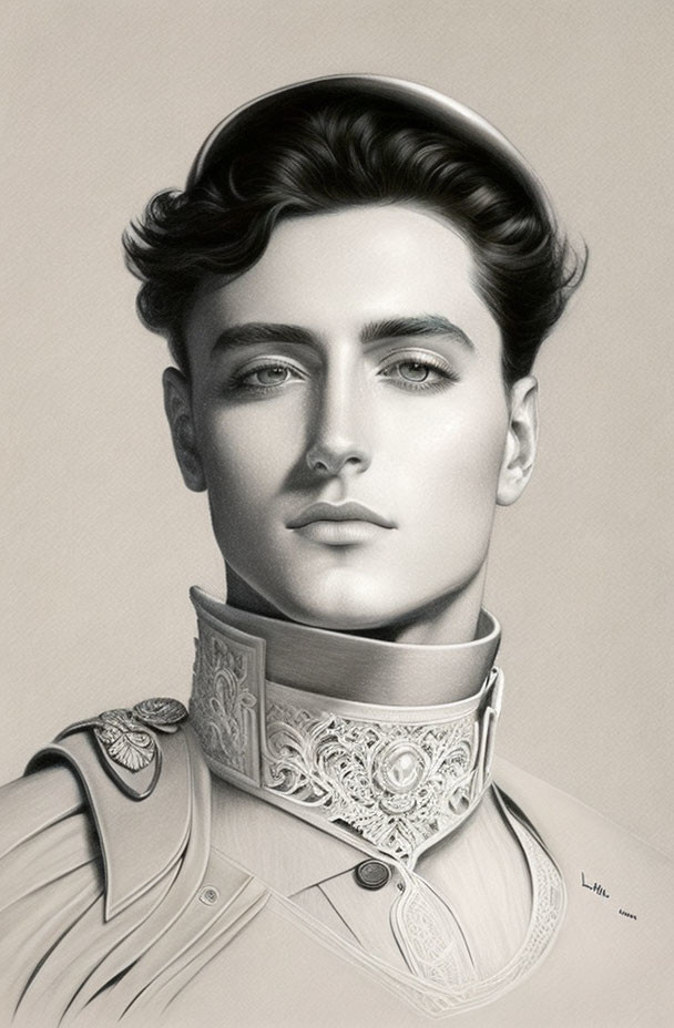 Detailed pencil portrait of young man in vintage military uniform