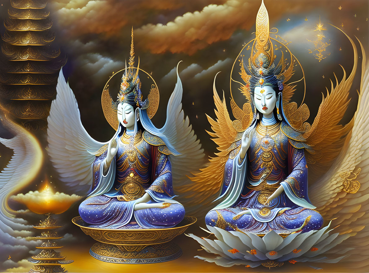 Ornate mythological figures meditate in celestial setting