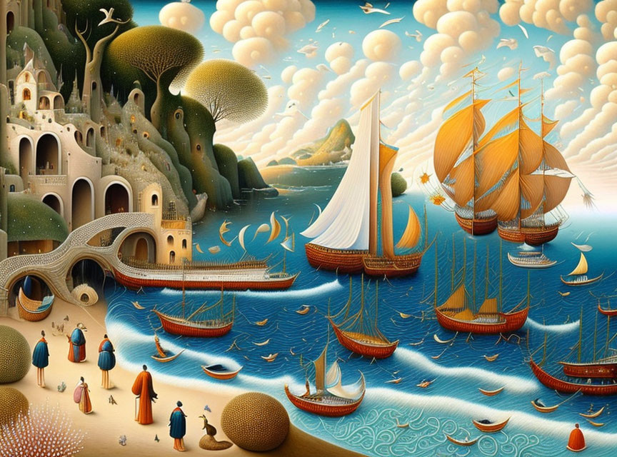 Detailed whimsical illustration of sailing ships on wavy seas with stylized clouds, hills, structures,