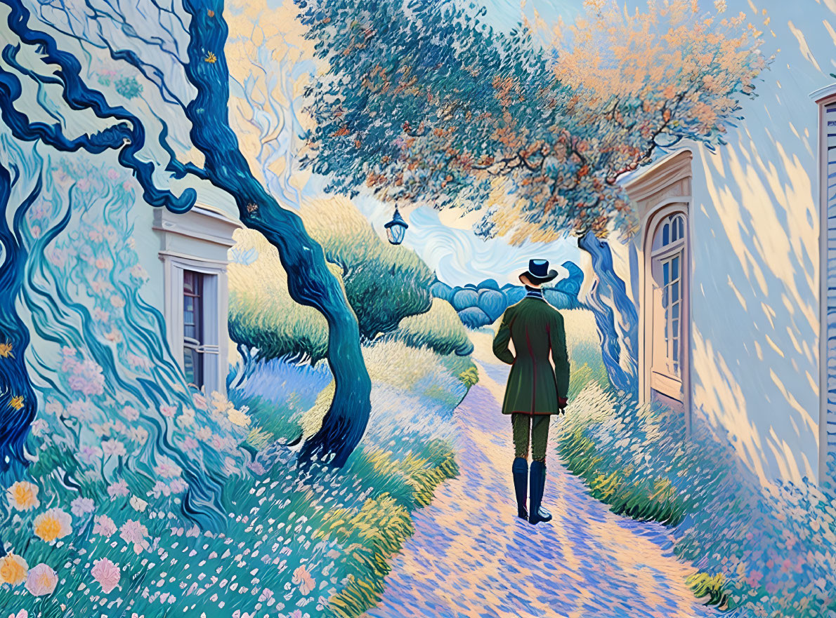 Person in Green Coat Walking Down Vibrant Path with Colorful Trees