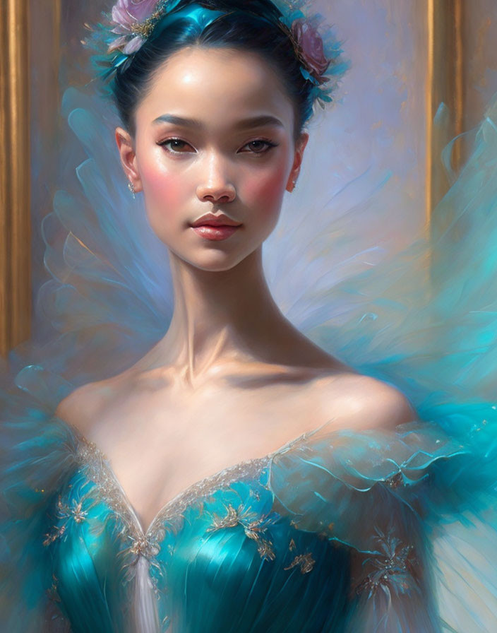 Ethereal Woman in Blue Attire with Flower Adornments