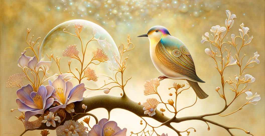 Stylized bird with intricate patterns on branch with blooming flowers and glowing orb against starry sky