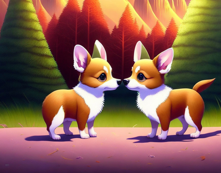 Animated Corgi puppies in forest with sunlight rays