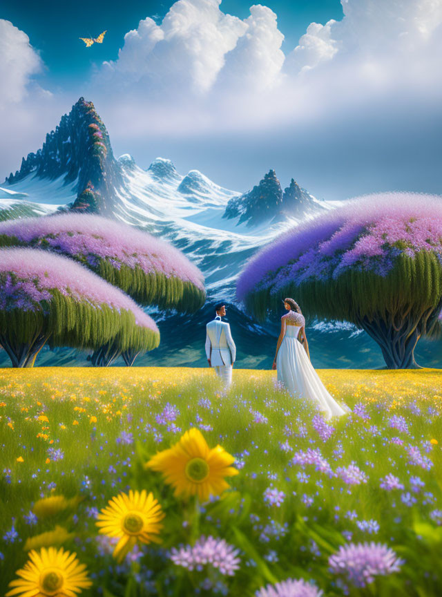 Couple walking in picturesque meadow with flowers and mountains