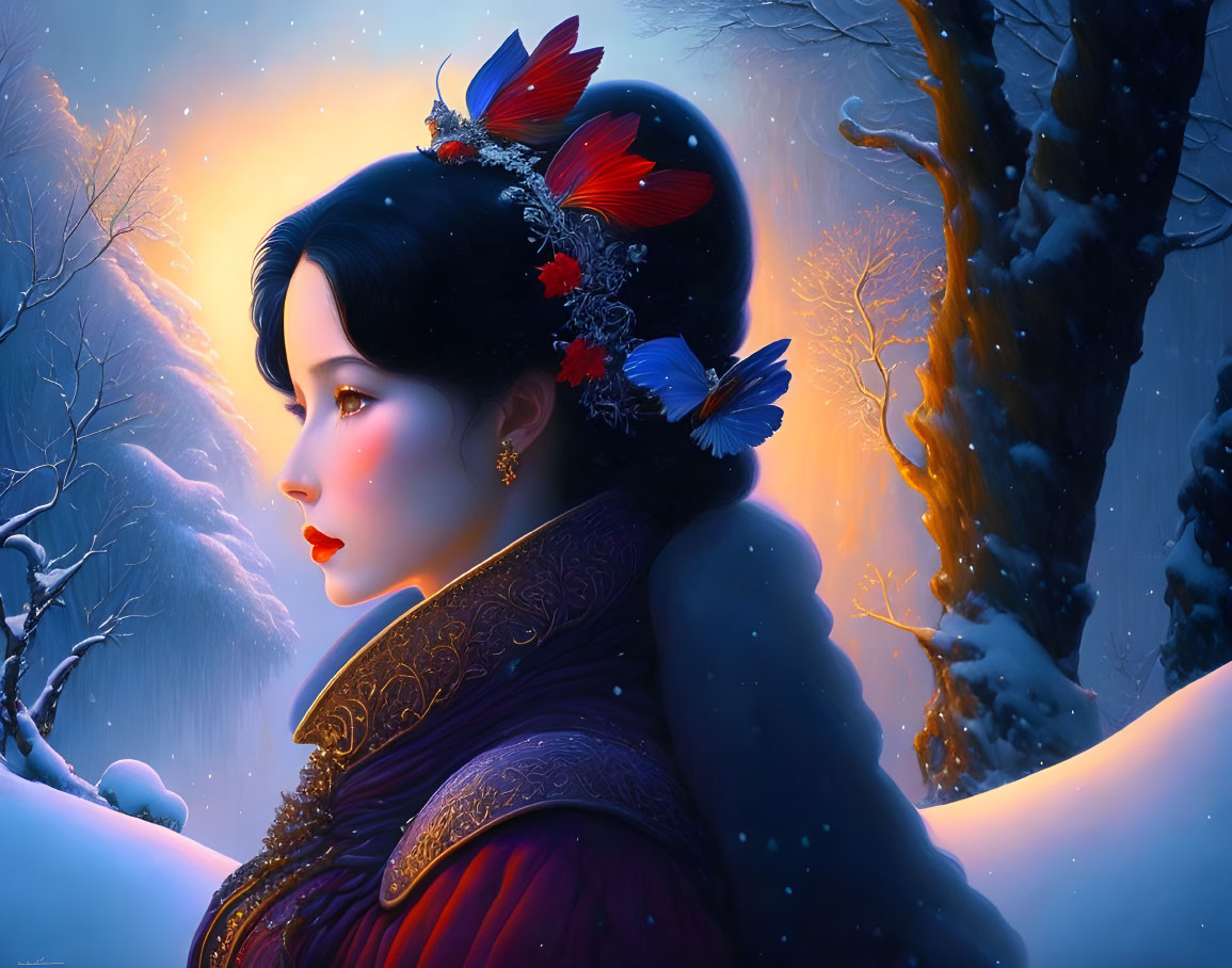 Dark-haired woman with red flowers and feathers in snowy twilight landscape