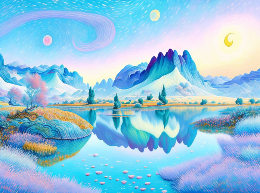 Colorful Landscape with Swirling Skies, Mountain Reflections, and Stepping Stones