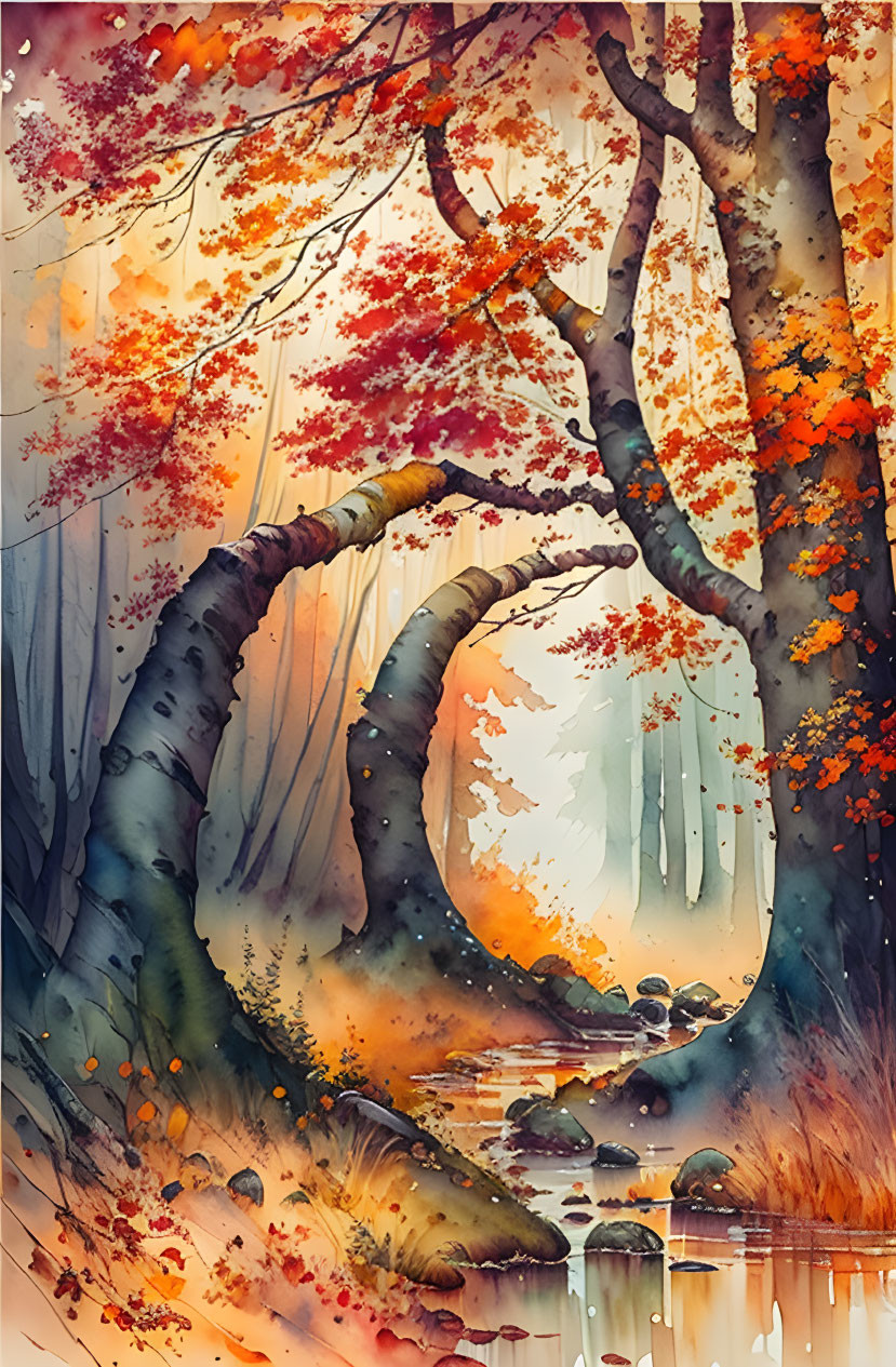 Vivid autumn forest illustration with meandering stream