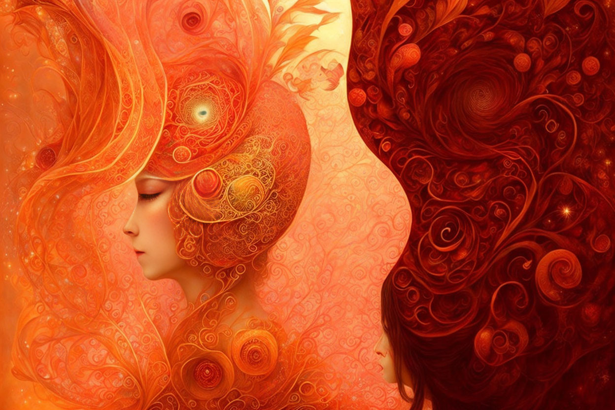 Vivid digital artwork of woman with red and orange swirling designs