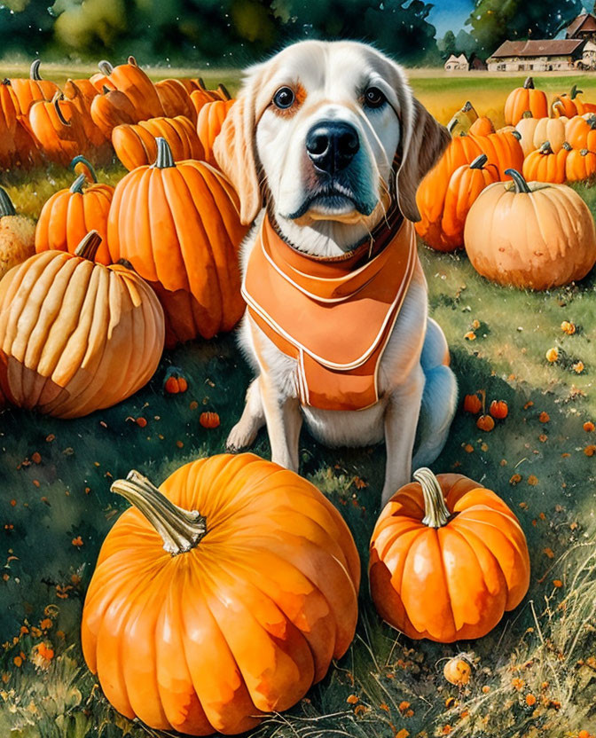 Golden retriever among orange pumpkins in countryside scene