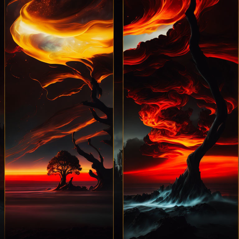 Surreal diptych of lone tree on blood-red horizon with fiery clouds