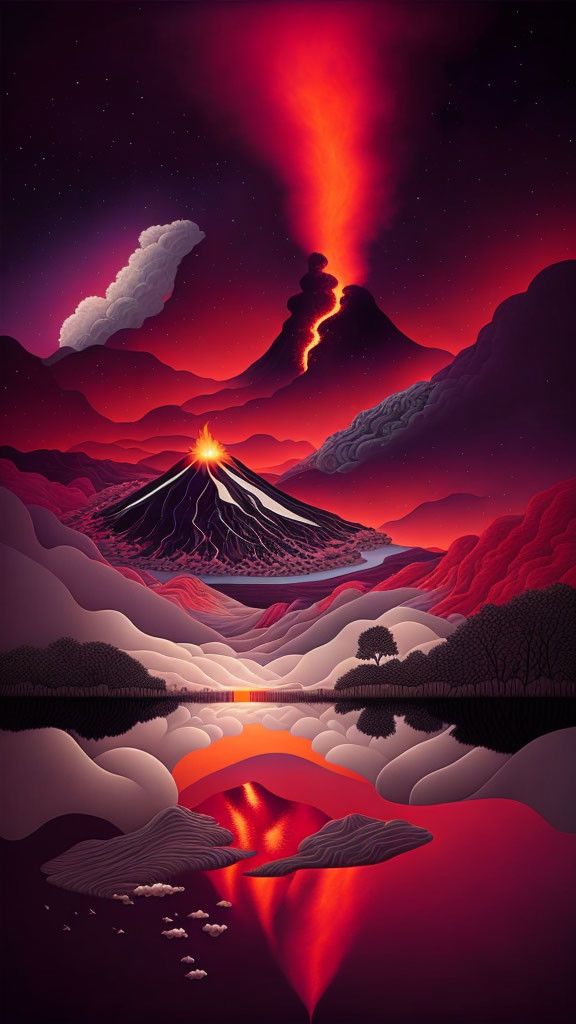 Vibrant volcanic eruption illustration with heart-shaped lava lake