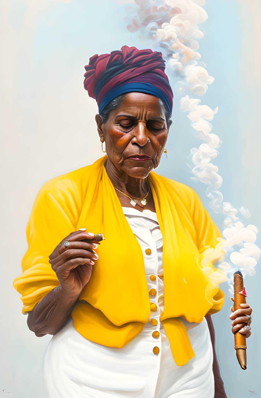 Elderly Woman in Red Headwrap and Yellow Jacket Holding Cigar