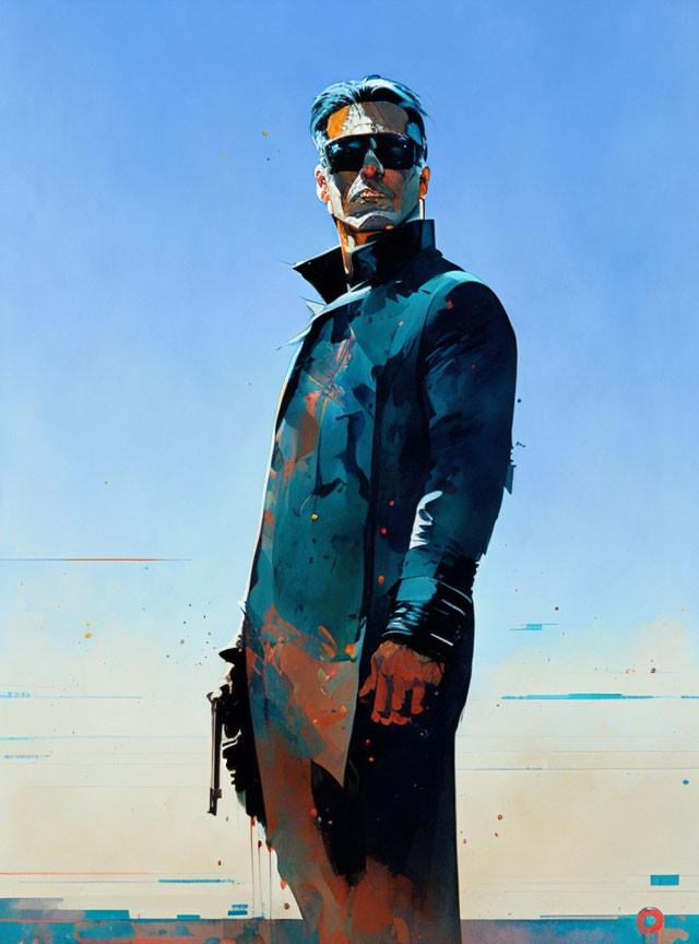 Stylized painting of man in blue suit with gun on light blue background