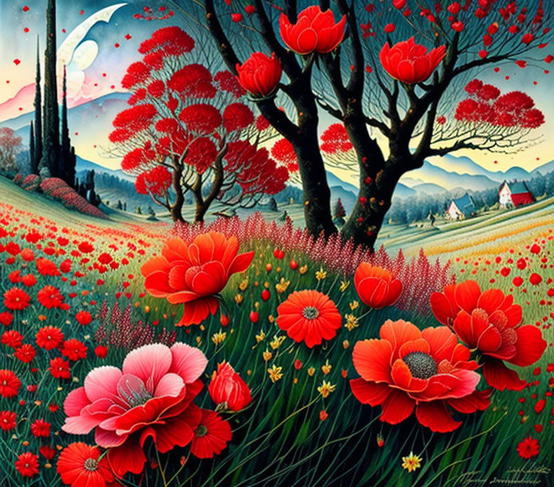 Colorful painting: Red flowering trees, poppies, crescent moon, small house in countryside