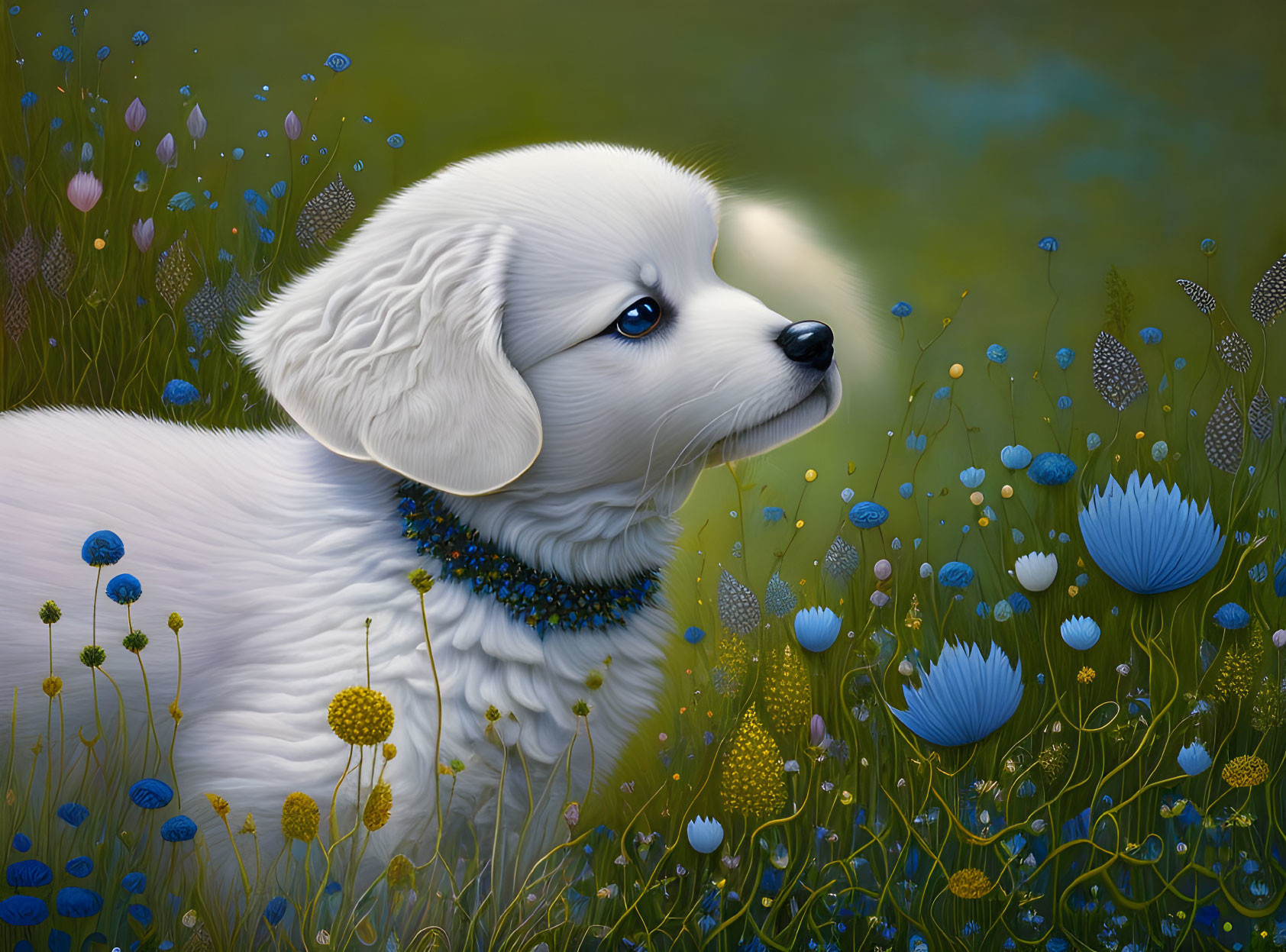 Fluffy white puppy with blue collar in vibrant floral setting