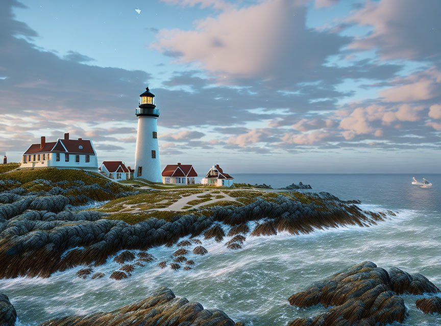 Scenic lighthouse on rugged coastline with crashing waves and sailing boat