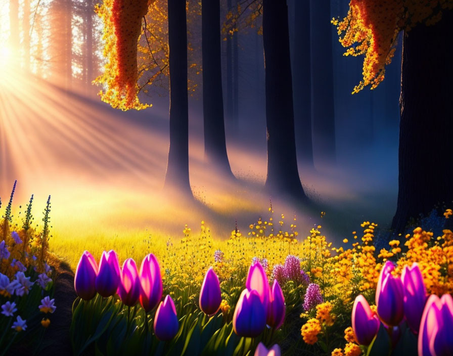 Sunlit Forest Scene with Tulips and Wildflowers in Misty Morning