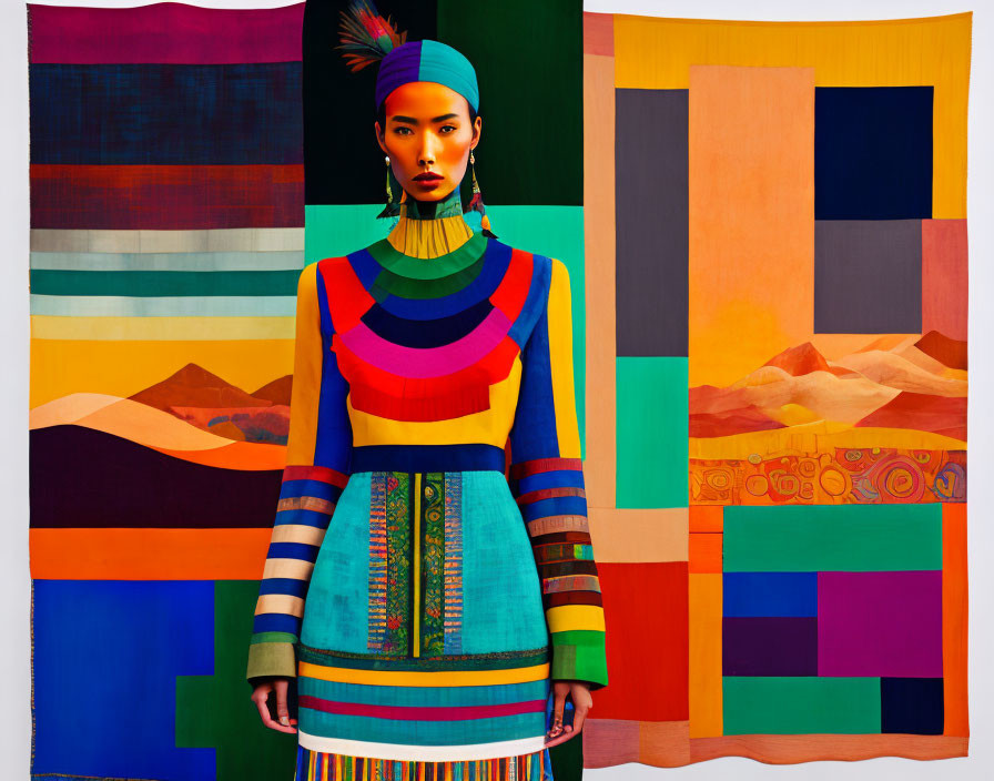 Colorful Portrait of Woman in Striped Outfit and Desert Tapestry