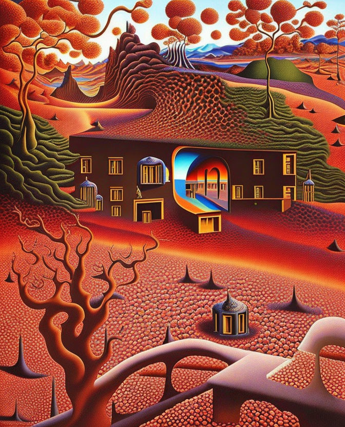 Surreal landscape with vivid oranges and reds, undulating hills, trees, and distorted house