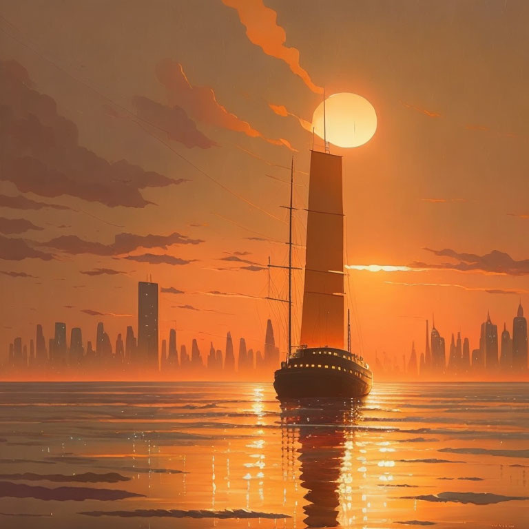 Sailboat with tall mast on calm waters at sunset against city skyline