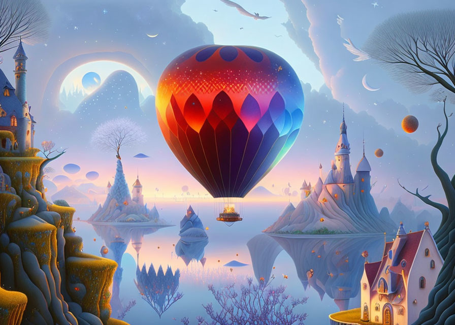 Fantasy landscape with castles, hot air balloon, floating islands, and surreal sky