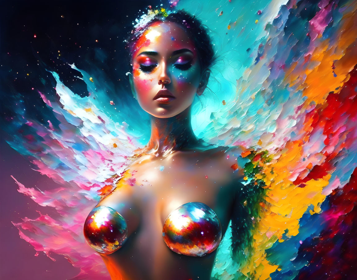 Vivid digital artwork: Woman with cosmic body paint in colorful nebula backdrop