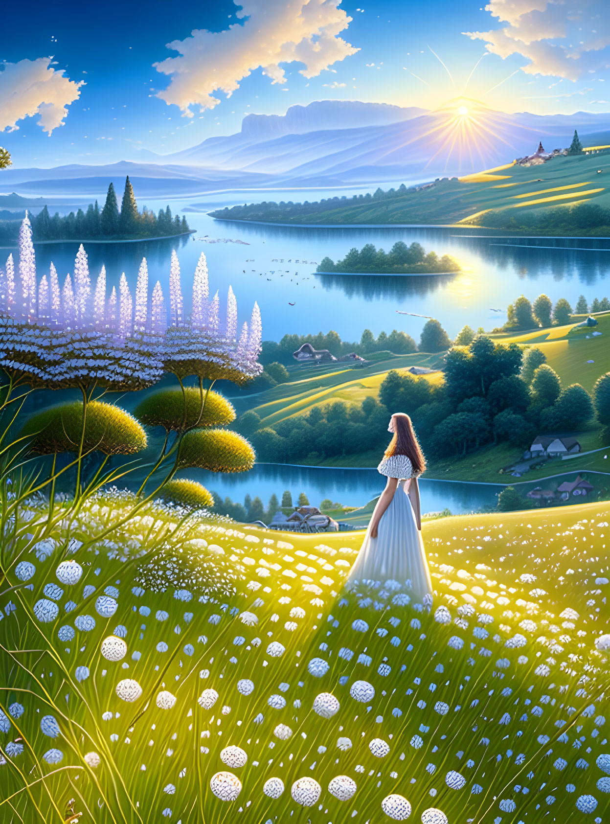 Woman in white dress in vibrant flower field with lake and mountains.