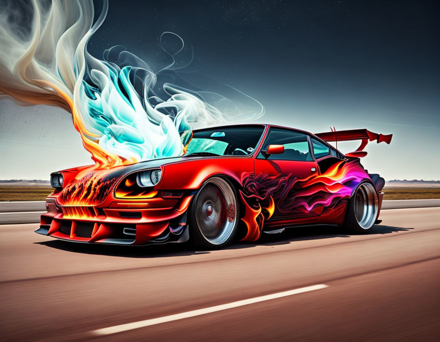 Colorful artwork of modified car with flames and smoke racing on road