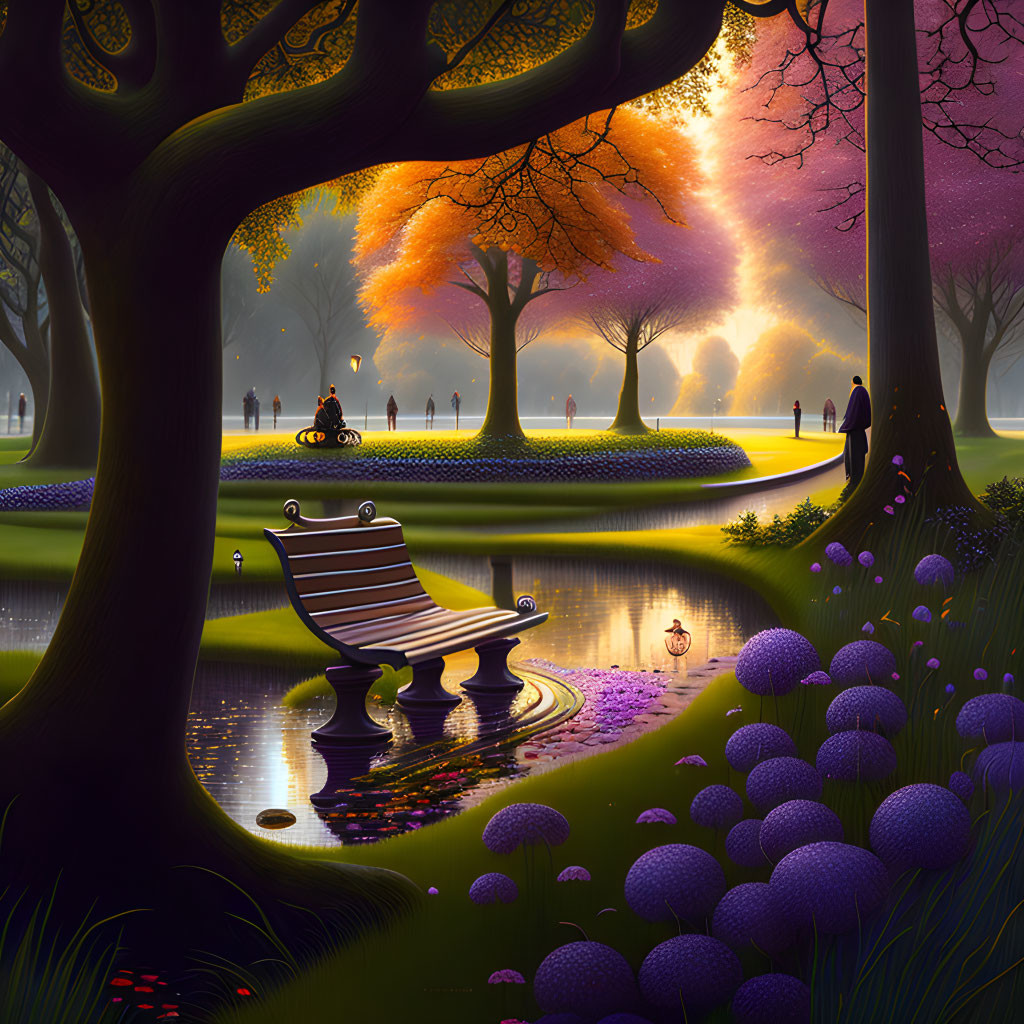 Magical Dusk Park with Purple Bushes, Reflecting Pond, and Vibrant Trees