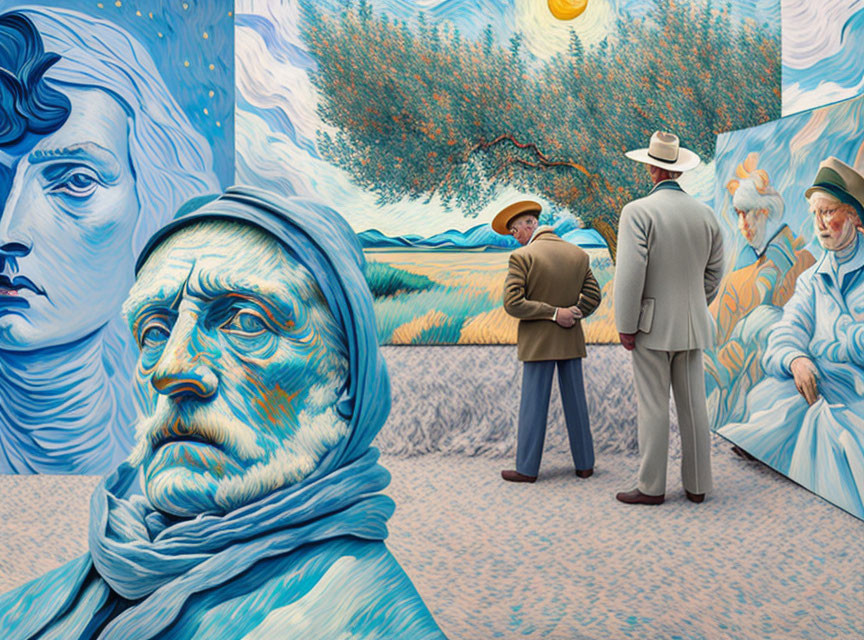 Men in suits and hats observe Van Gogh-inspired artworks with swirling skies and intense portraits