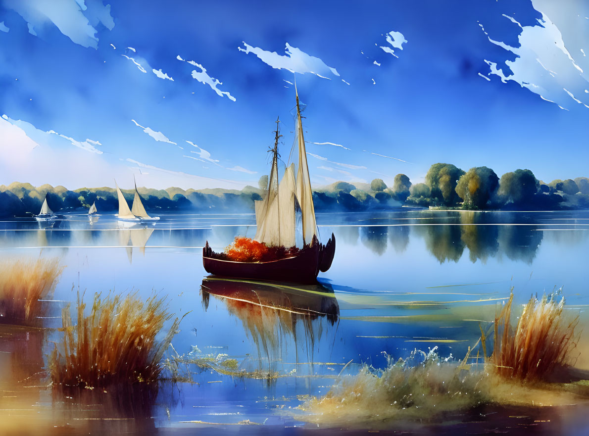 Tranquil lake scene with sailboats, reflections, trees, and blue sky