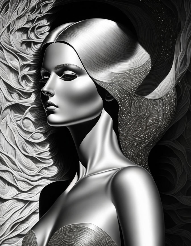 Monochromatic stylized woman art with flowing hair and abstract patterns