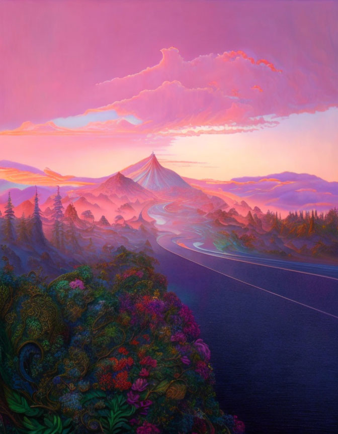 Colorful Landscape with Winding Road to Mountain at Sunset