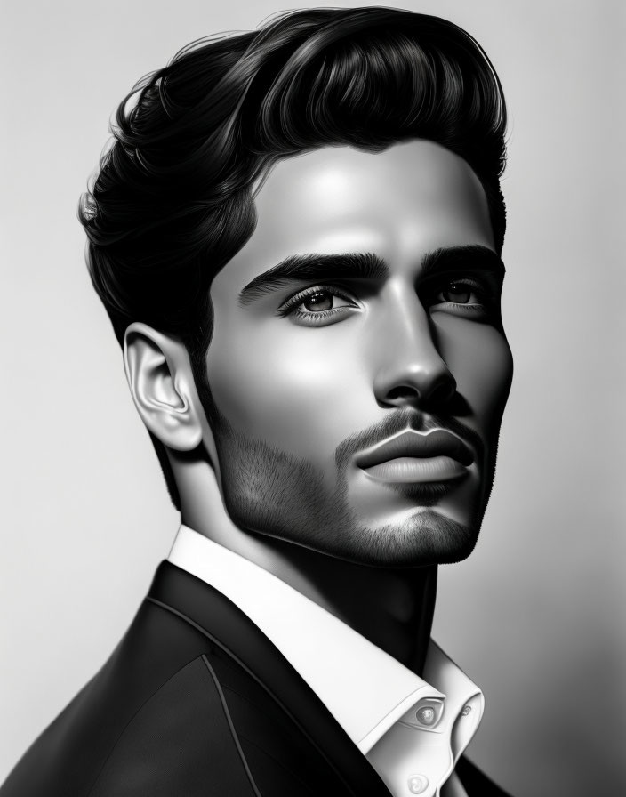 Monochromatic digital portrait of a man with styled hair, sharp features, beard, suit, looking