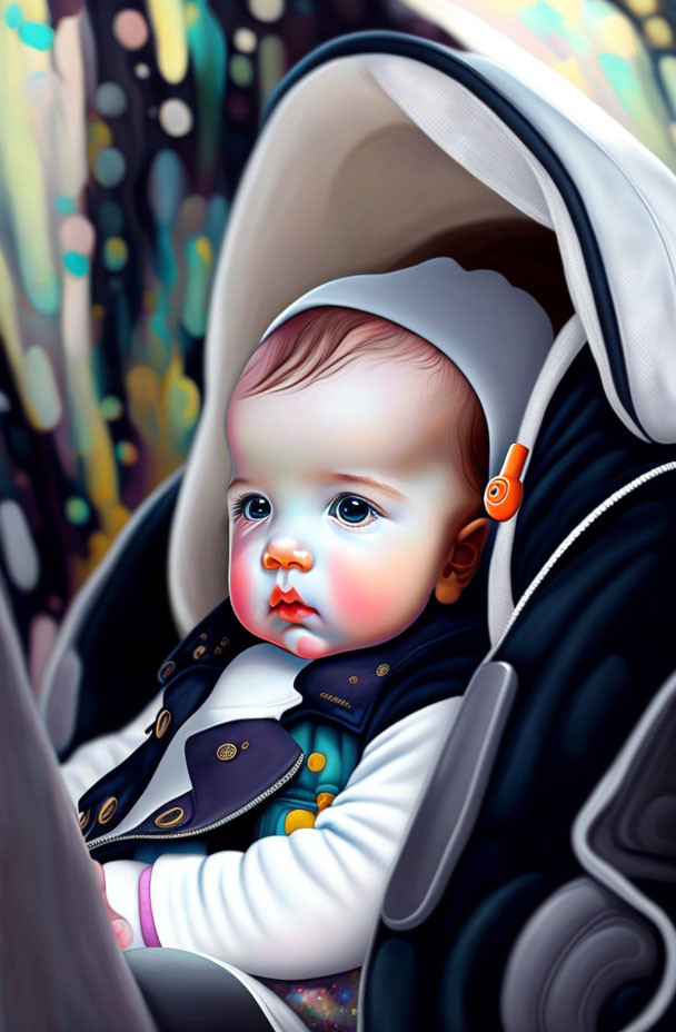 Illustration of baby in car seat with rosy cheeks and blue eyes wearing black and gold jacket