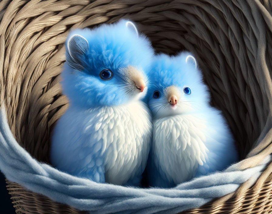 Blue fantasy creatures with soft fur and big eyes in woven basket