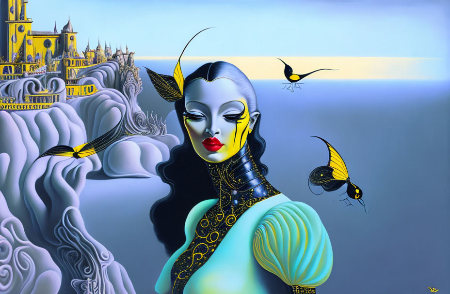 Surrealist artwork: elongated female figure in dreamlike landscape